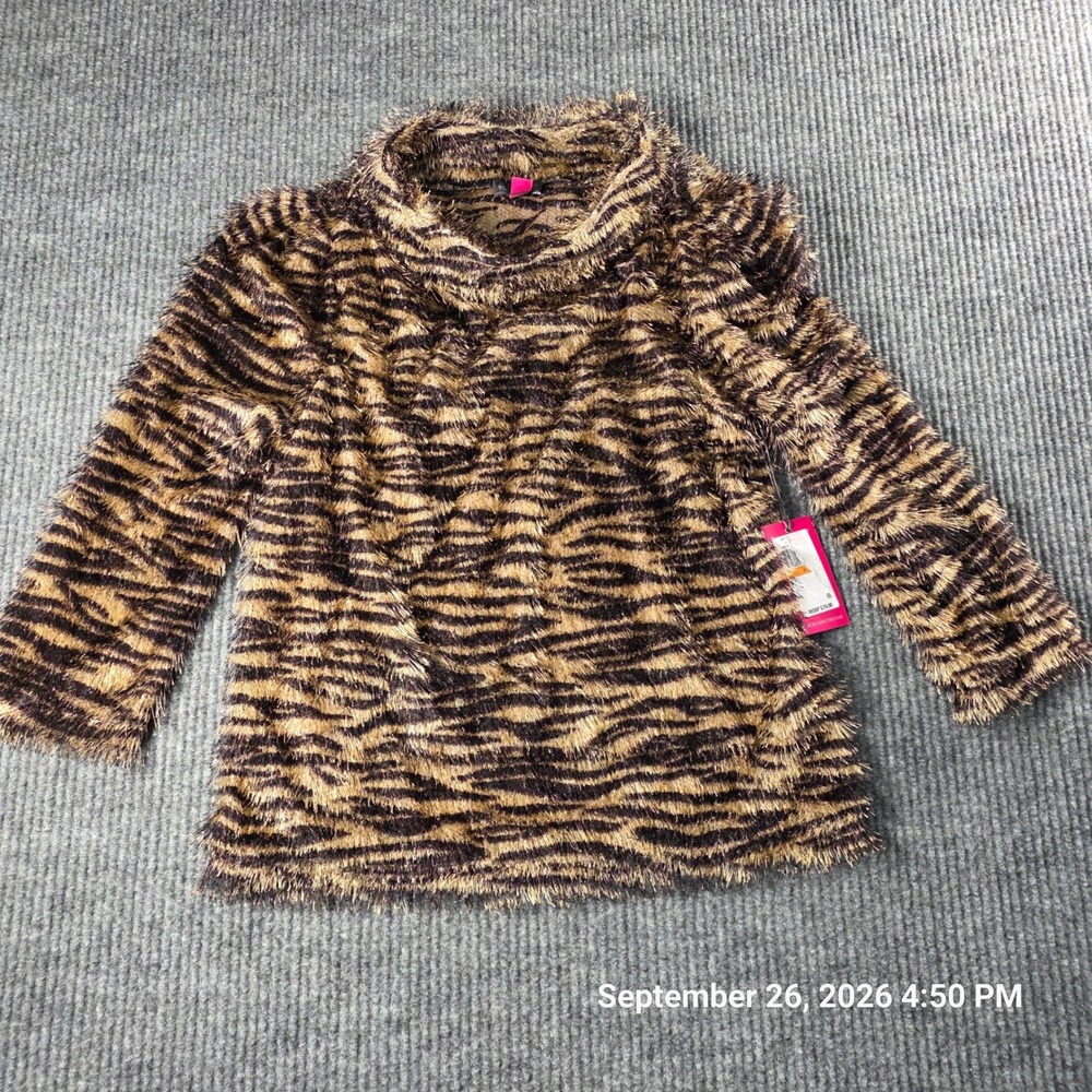 Vince Camuto Womens Tiger Stripe Eyelash Knit Cowl Neck Sweater Brown Tan Small